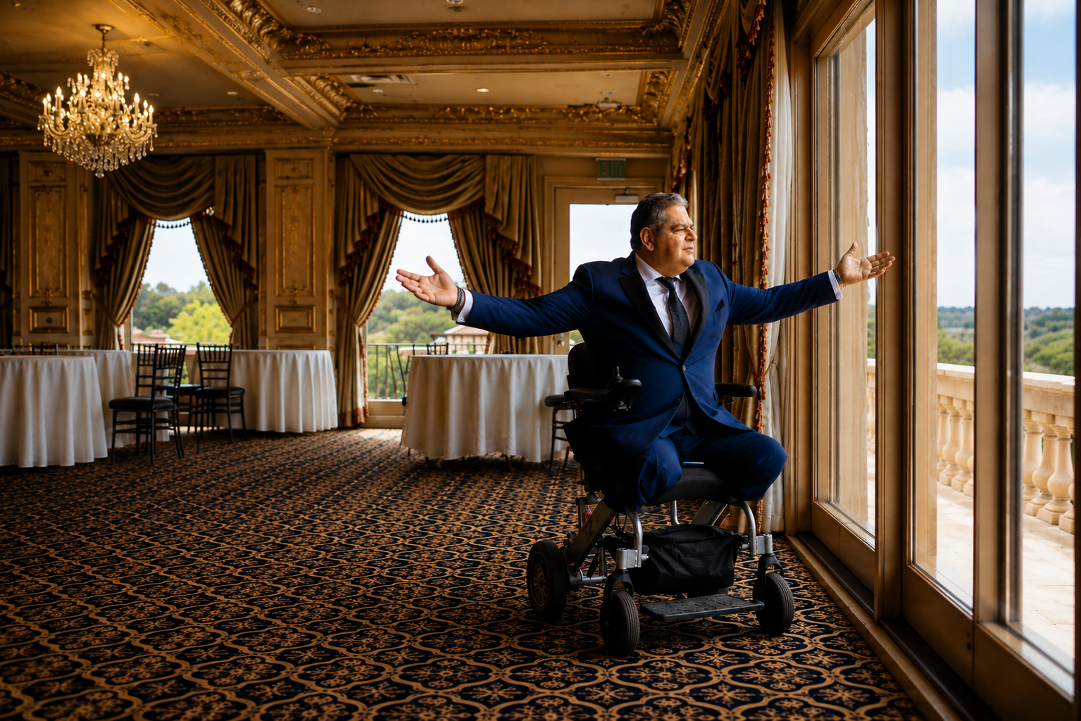Gabey Abikzer in a ballroom with arms open in a welcoming gesture
